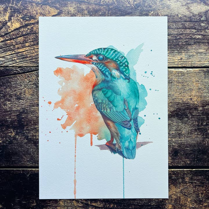 Watercolour kingfisher art print, expressive & colourful art for wholesale by Georgina Doodles