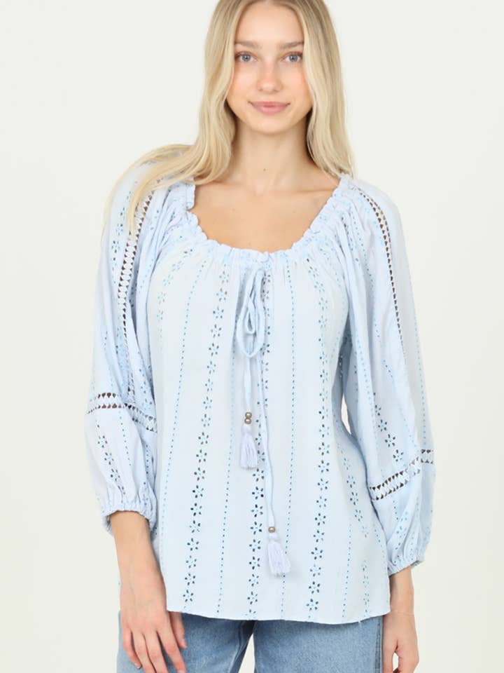 N2U91-EM07 EYELET EMBROIDERED LACE TRIM BLOUSE for wholesale by Nostalgia