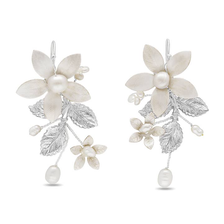 Miss Foxine Couture - Wholesale Dangle Earrings - Evanthe Floral Bridal Earrings with Freshwater Pearls and Enamel6