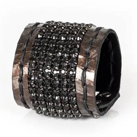 Black Crystal & Bronze Leather Wide Cuff Bracelet for wholesale by The Dark