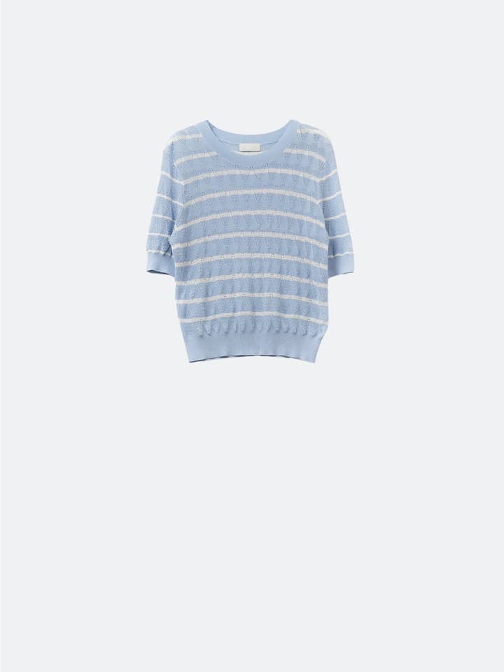 baby Blue Openwork Knit Top with Short Sleeves and White Stripes for wholesale by Q2—All Orders:Free Duties for the US,UK,and Canada
