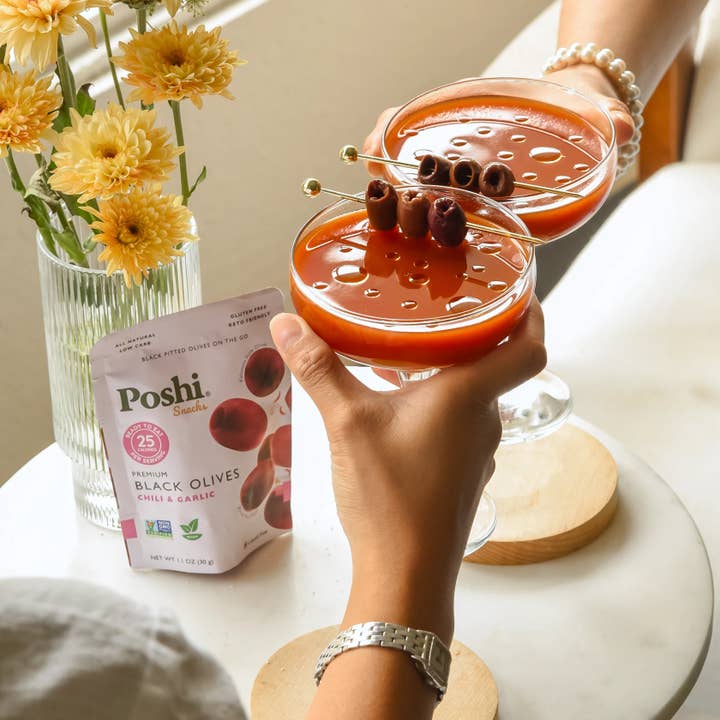 POSHI - Wholesale Olives - Poshi Snacks - Chili & Garlic Pitted Black Olives 1.1oz/103