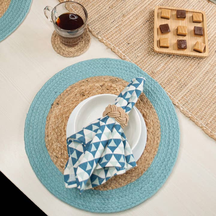Set aus 4 Verona-Rundrand-Tischsets, 15'' rund, natur-blau für den Großhandel von chardin home