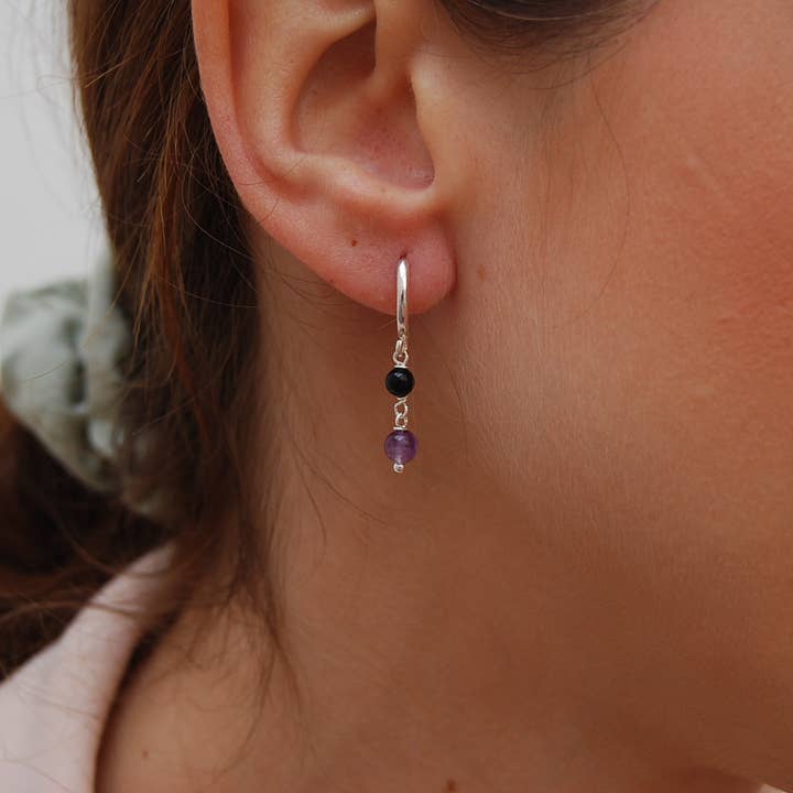 Yneda Jewels - Wholesale Dangle Earrings - Onyx-amethyst earrings, silver 925 hoops, gemstone earrings.6