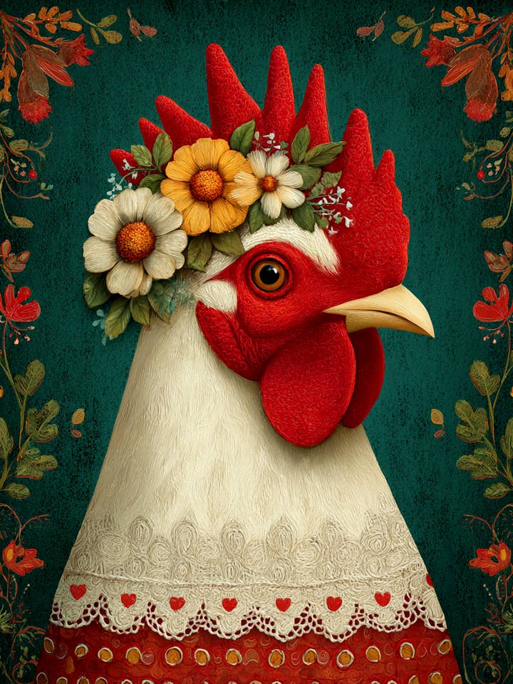 Scandinavian Chicken with Flower Crown #2 Farm Life 8"x10" Artwork for 11"x14" Frame for wholesale by Mowbi