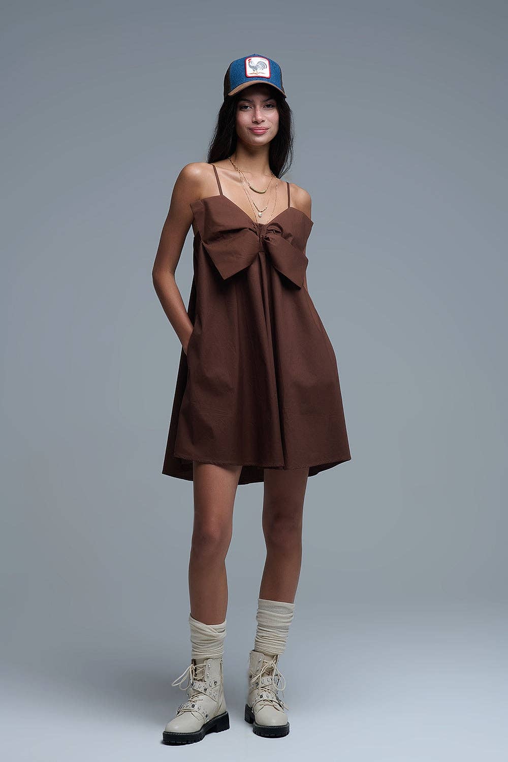 Brown poplin mini dress with a big bow detail for wholesale on Faire3