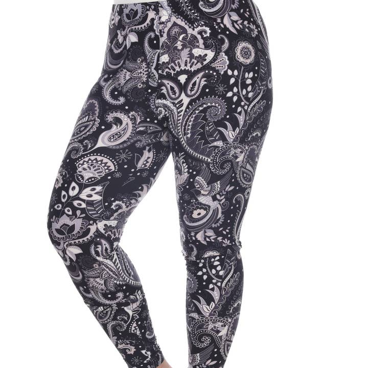 Plus Size Printed Leggings - Black-White Paisley for wholesale by WHITE MARK