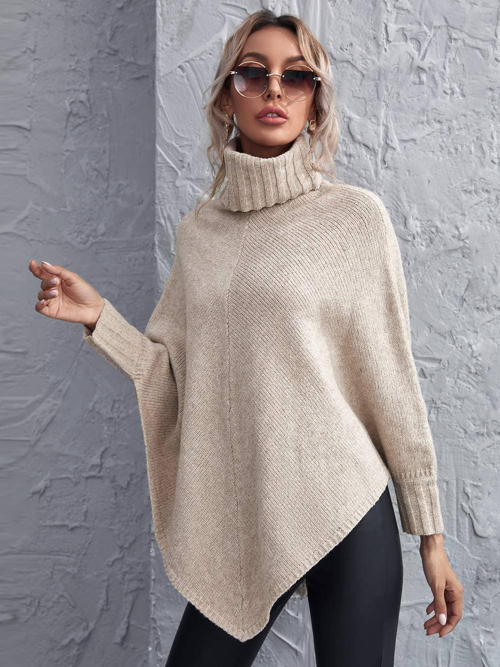 Queen Fashion - Wholesale Knit Sweater - Women's - turtleneck asymmetrical hem poncho sweater0