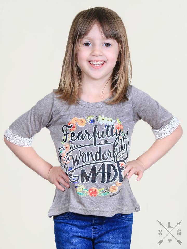 Girls Fearfully Wonderfully Made on Tan with Cream Lace Accent for wholesale by GRACE+EMMA by Southern Grace