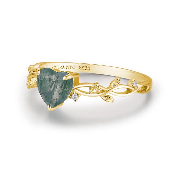 Azura Jewelry - Wholesale Band/Stacked Ring - Everlasting Heart Moss Agate Ring (Yellow Gold)©