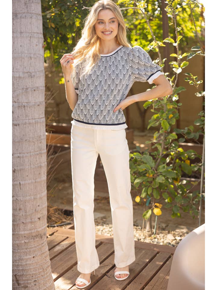 VOY - Wholesale Knit Top - Women's - 35049 Stripe Ruffle Band Wavy Pattern Knit Top