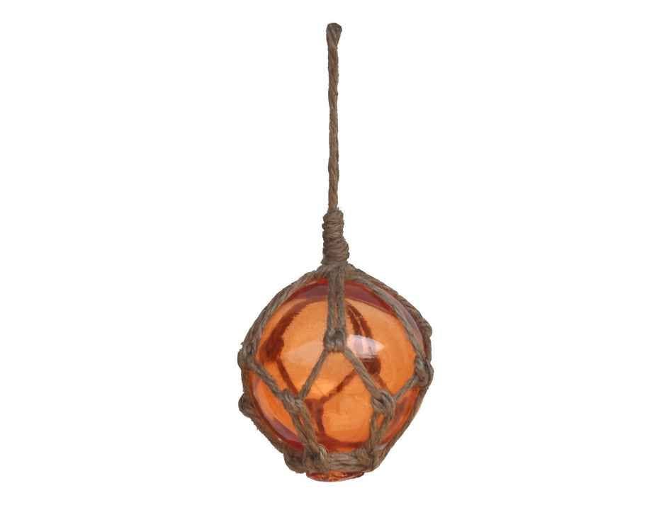 Hampton Nautical - Wholesale Decorative Tabletop Object - Orange Japanese Glass Ball Fishing Float With Brown Netting Decoration 3"1