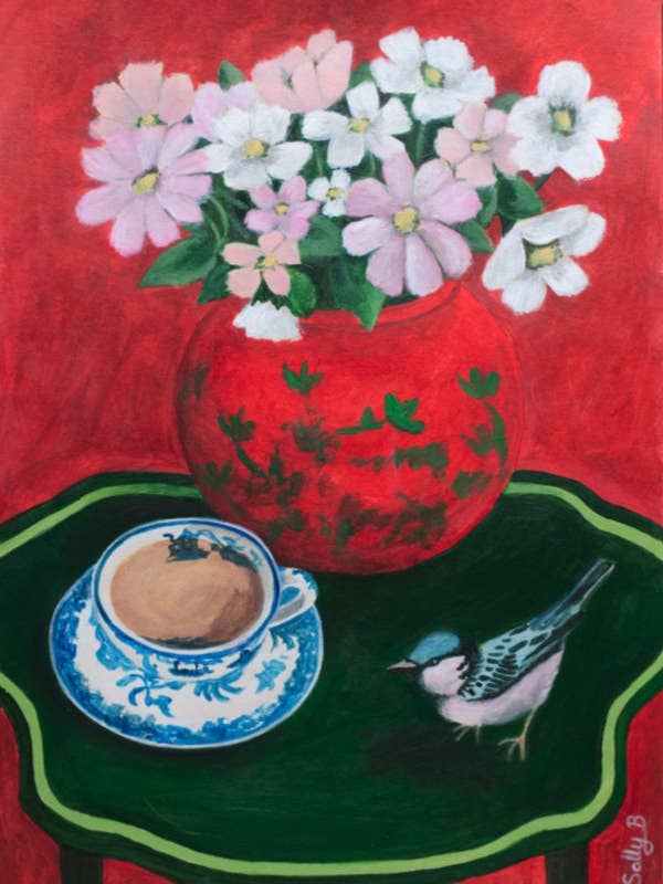 Impression d'art de vase chinoiserie oiseau avec tasse à thé pour mur asiatique pour la vente par Sally B