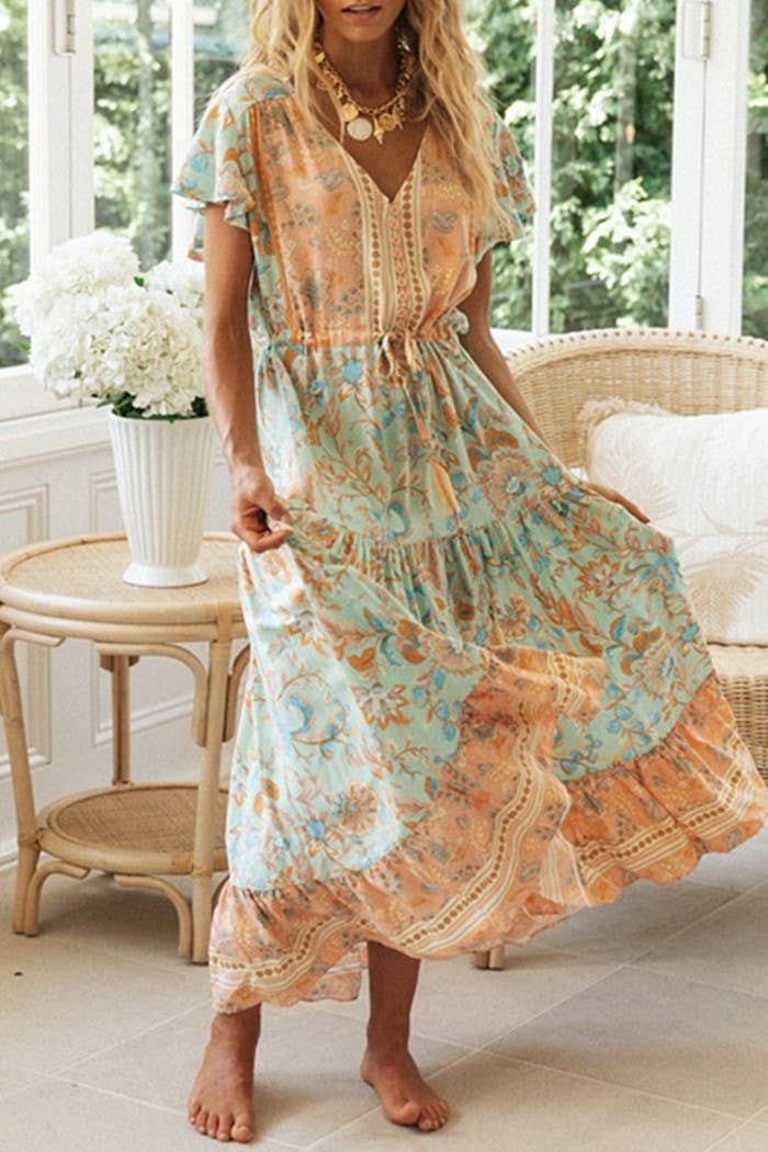 Rosa Clothing - Wholesale Dress - Women's - Bohemia Border Print Flutter Sleeve Maxi Dress3