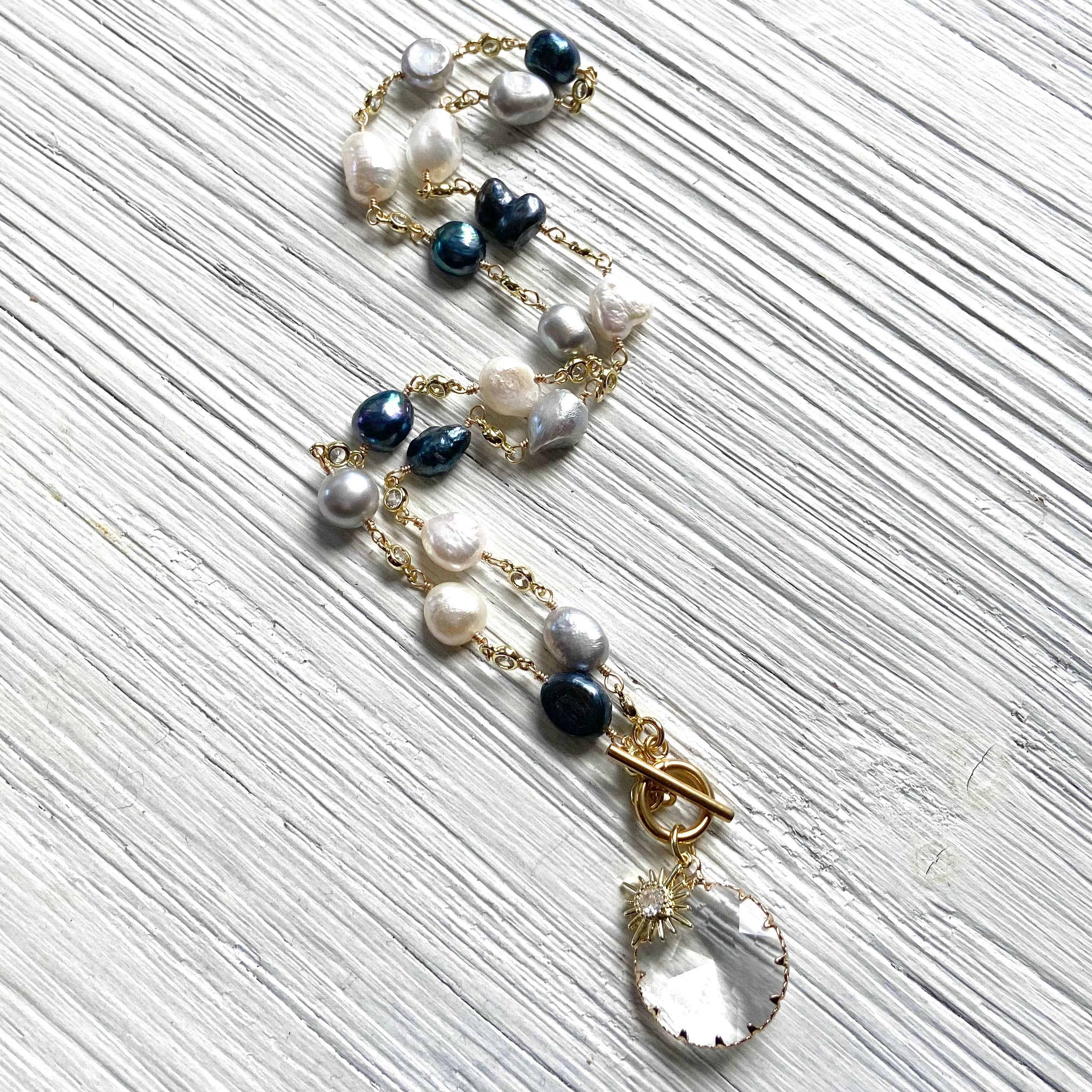 VB&CO Designs Handmade Jewelry - Wholesale Pendant/Charm Necklace - Sunburst charm crystal  necklace-multi denim mix,color pearl2