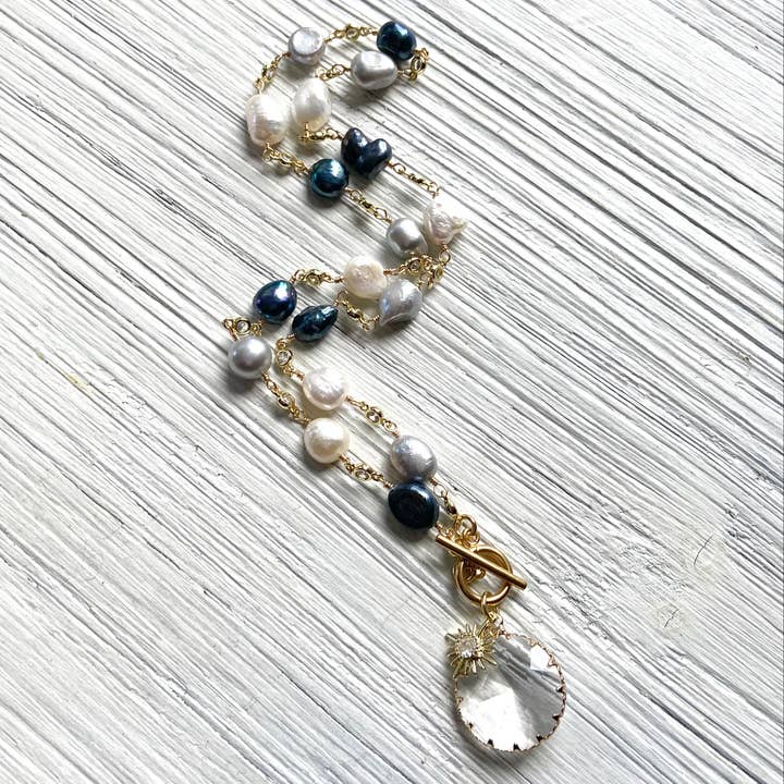 VB&CO Designs Handmade Jewelry - Wholesale Pendant/Charm Necklace - Sunburst charm crystal necklace-multi denim mix,color pearl2