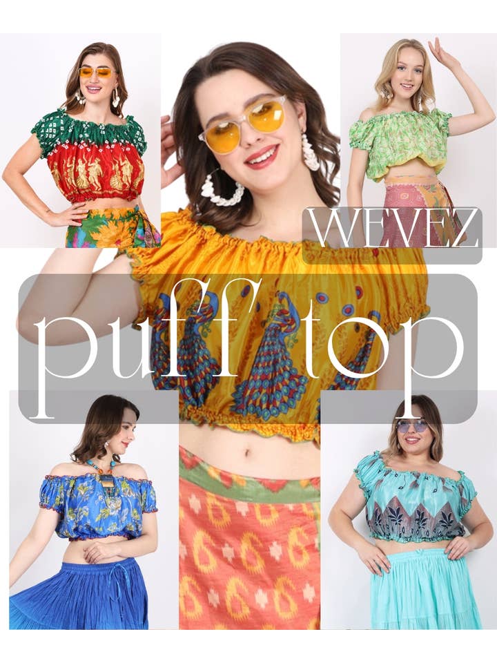 Wevez - Wholesale Knit Top - Women's - Women's Printed Off Shoulder Crop Length Puff Tops mix Lot