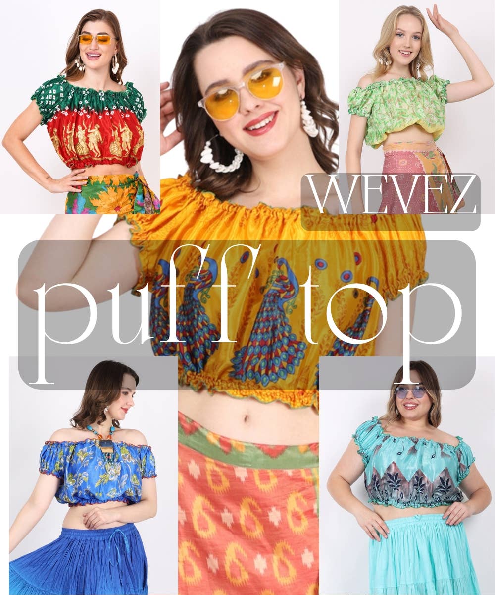 Wevez – Engroshandel Strikket top - Dame – Kvinders trykte off-shoulder crop-længde puff-toppe mix lot