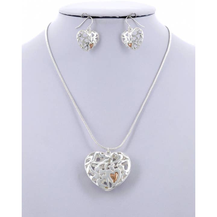 FR5186 Ensemble de pendentifs deux cœurs ajourés en or rose et argent pour la vente par 0011 PREMIERE