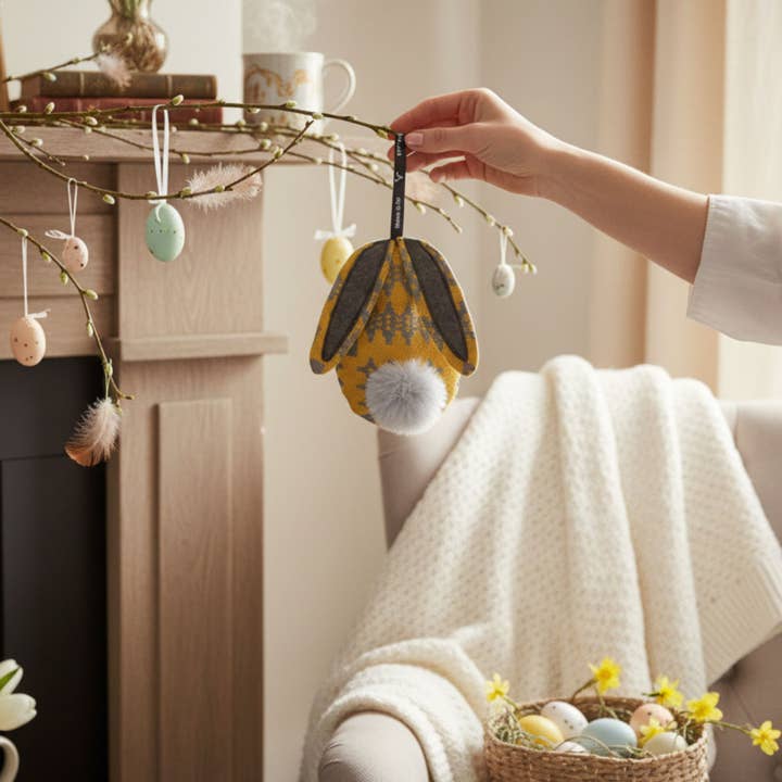 Mustard Bunny shaped Hanging ornament for wholesale by Moose & Co