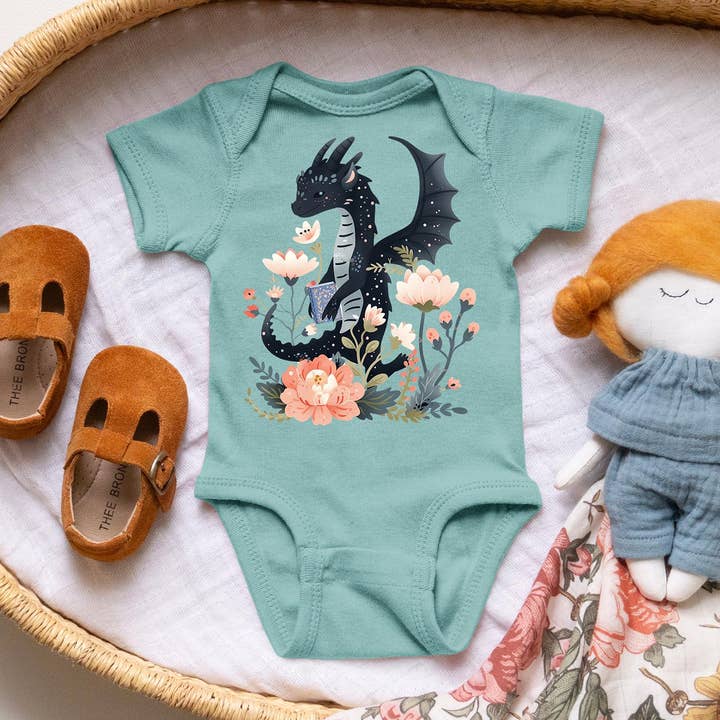 Floral Dragon Baby Onesie: Bookish Infant Bodysuit for wholesale by Keen Bee Studio