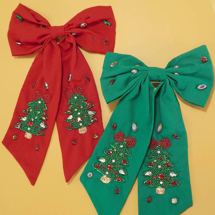 JOSSLYN by wall to wall - Wholesale Hair Pin - CHRISTMAS TREE SEED BEAD HAIR BOW CLIPS | 91HC4551