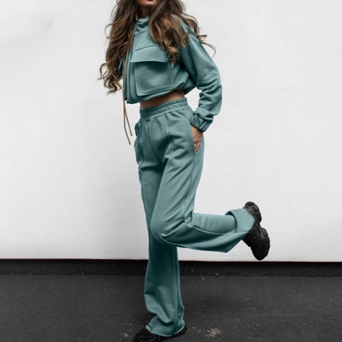 HIDDENBRAND - Wholesale Lounge Set - Women's - Drawstring zip-up sweatshirt & pant 2 piece set outfits