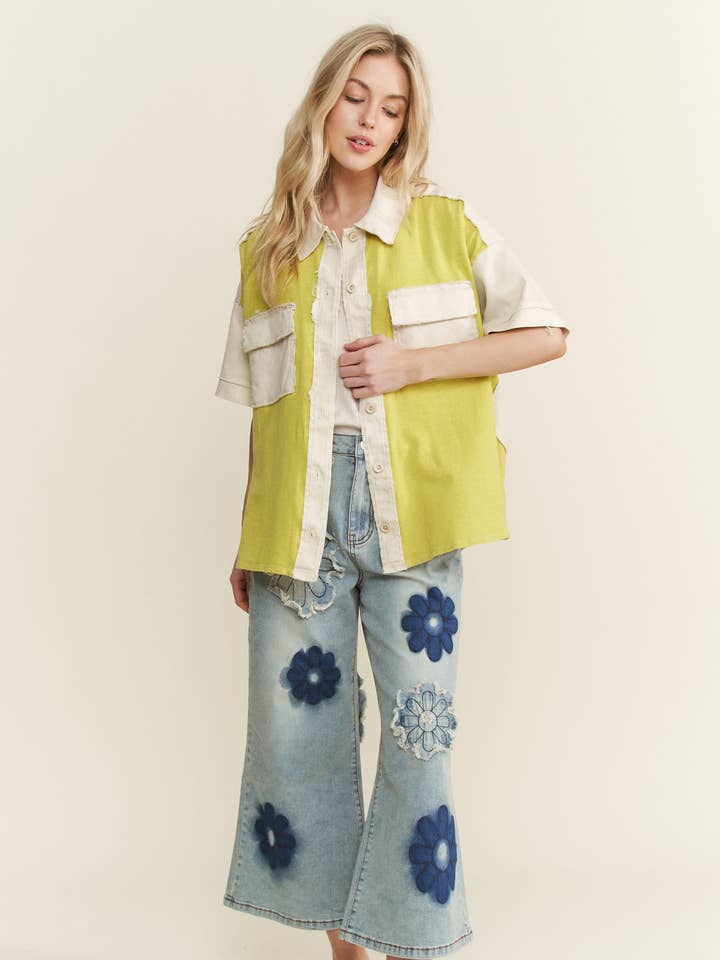 J.Her - Vendita all'ingrosso Giacca a camicia - Donna - Shacket con toppa sul retro a fiori lavato minerale HT646615