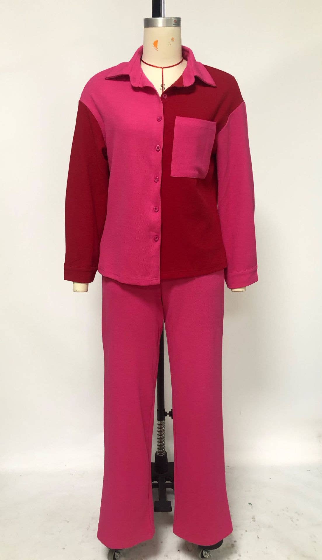 HIDDENBRAND - Wholesale Top & Pant Set (NOT Loungewear) - Women's - contrast color block shirt wide leg pant 2 piece set8