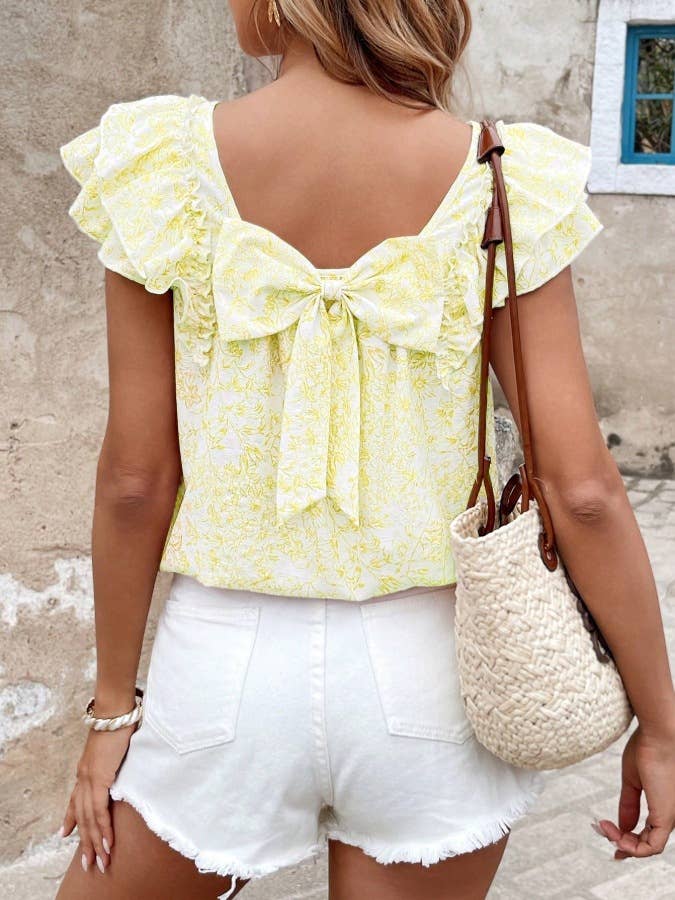 Rosa Clothing - Vente Chemisier – femme - Haut à manches à volants fleuris, encolure carrée et dos à nœud8