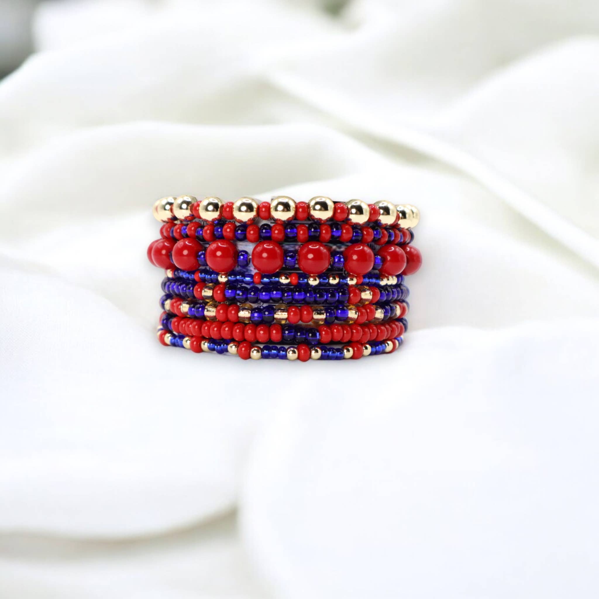 Fish Towne Designs, LLC - Wholesale Jewelry Set - Red and Blue Game Day Seed Bead Bracelet Stack Set of 80