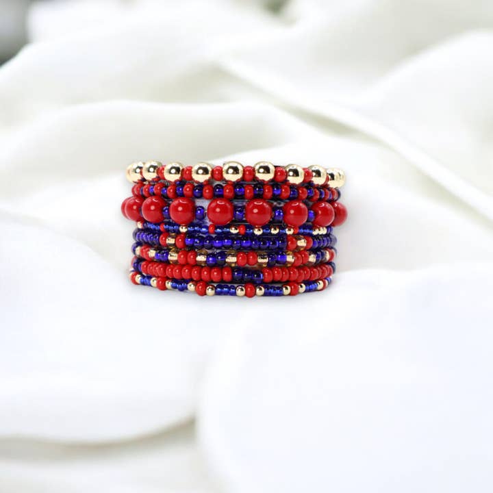 Fish Towne Designs, LLC - Wholesale Jewelry Set - Red and Blue Game Day Seed Bead Bracelet Stack Set of 8