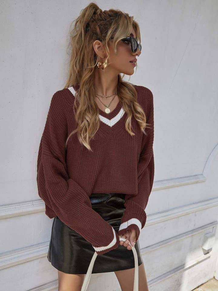 pull oversize rayé à manches chauve-souris à col en V pour la vente par Fashion Combination