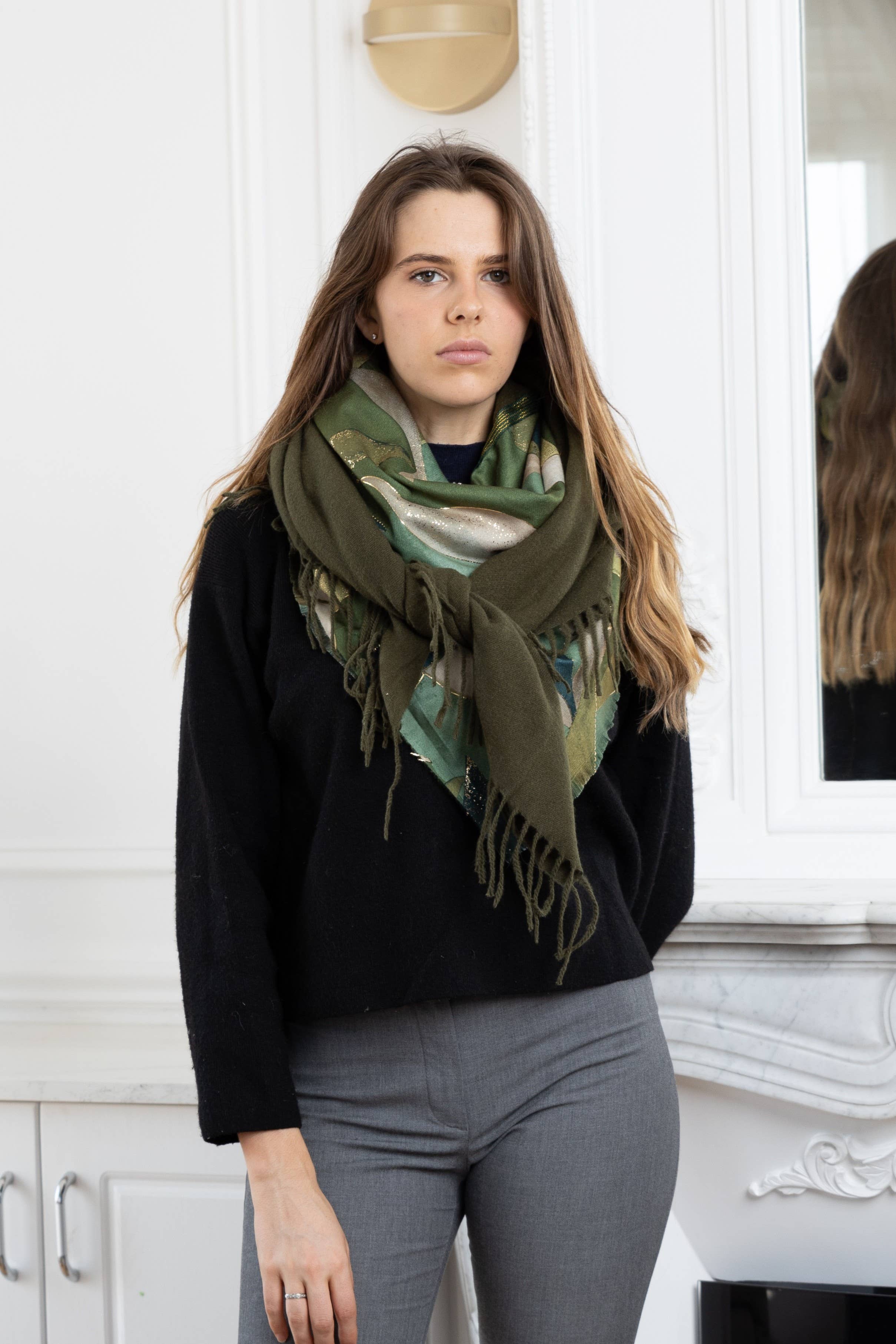 LINETA - Wholesale Scarf - Women's - GC-12 Large square patchwork scarf with long fringe2