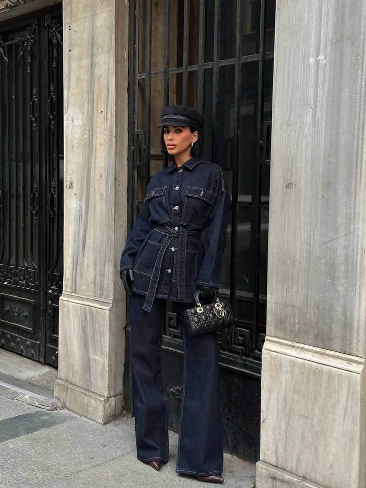 Designer belted waist-tie denim suit for wholesale by Shebelle