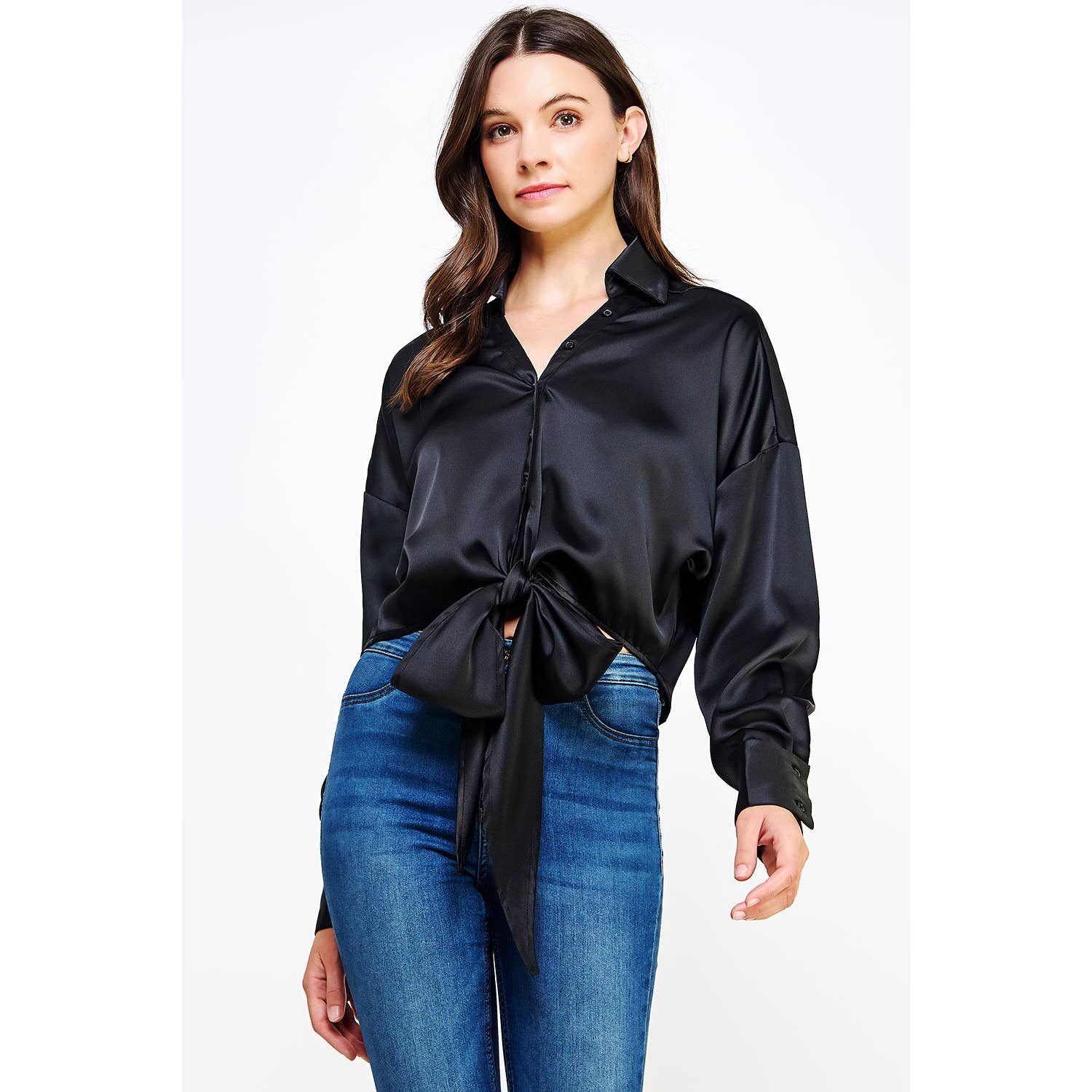 Strut & Bolt - Wholesale Button Down Shirt - Women's - Button Down Waist Tie Satin Shirt Top0