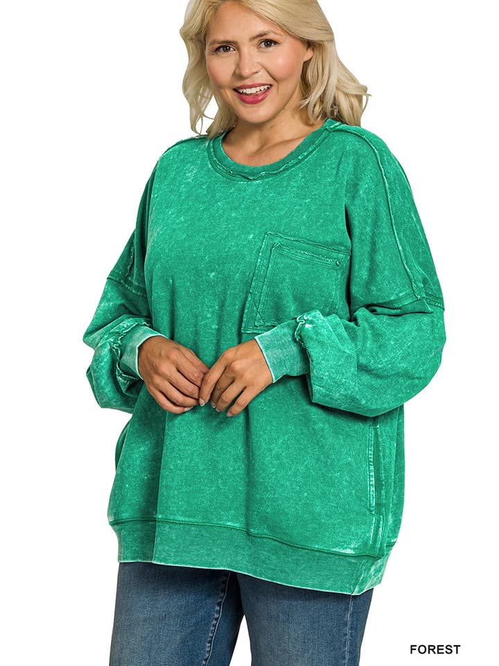 42POPS - Wholesale Sweatshirt - Women's - ', Plus French Terry Acid Wash Raw Edge Front Pocket12