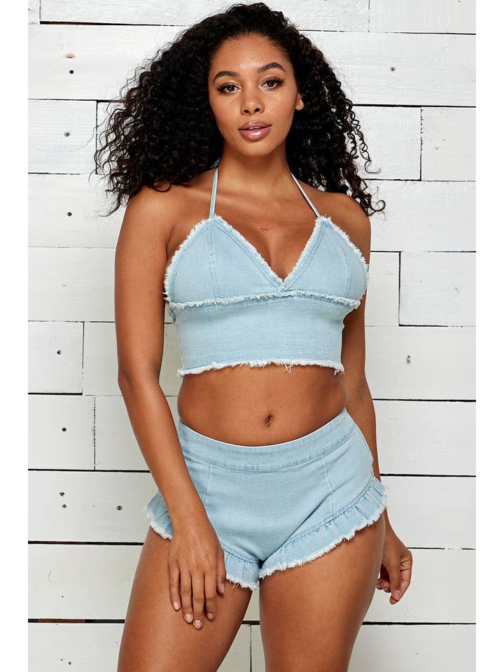 SEXY DENIM RUFFLED SHORTS WITH DENIM BRA TOP for wholesale on Faire1