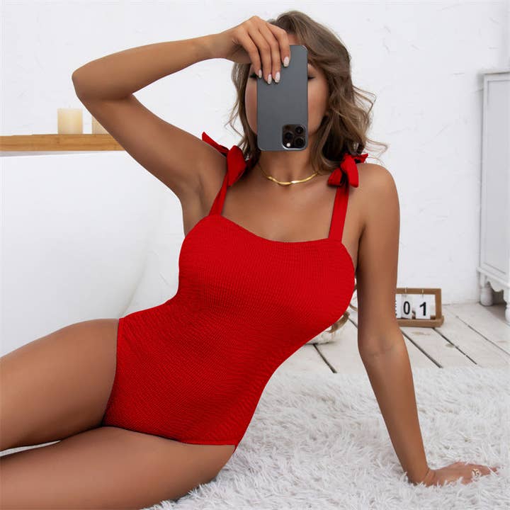 Sweetkama - Wholesale One Piece Swimsuit - Women's - Bowtie Shoulder Solid Color One Piece Swimwear Y06