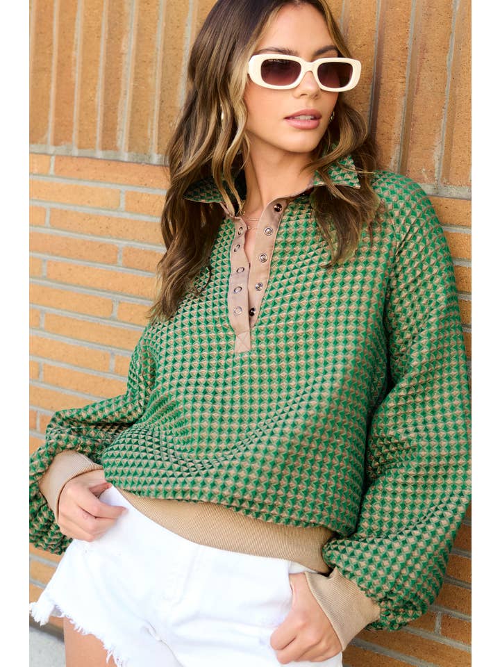 La Miel - Wholesale Sweatshirt - Women's - HCS3576-Unique Two Tone Textured Snap Button Front Top