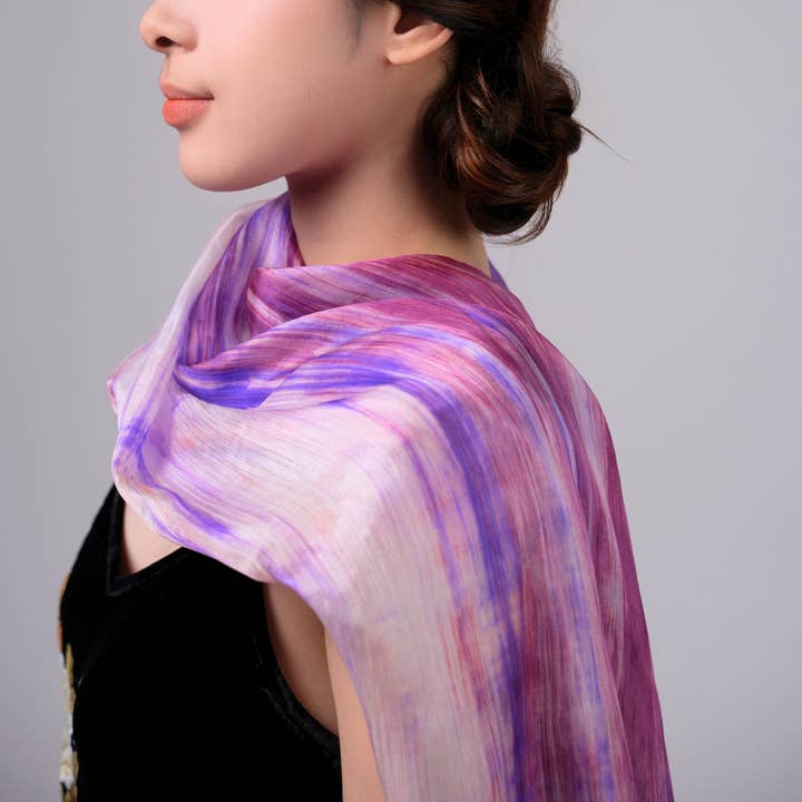 Luxury Hand-Dyed Mulberry Silk Scarf – Purple & Pink Brushstroke Wrap | 100% Pure Artisan Silk, Gift-Ready for wholesale by Silk and Bears