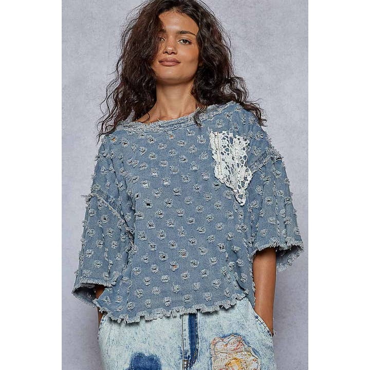 Pol Clothing - Wholesale Knit Top - Women's - Round neck short sleeve open knitted woven top