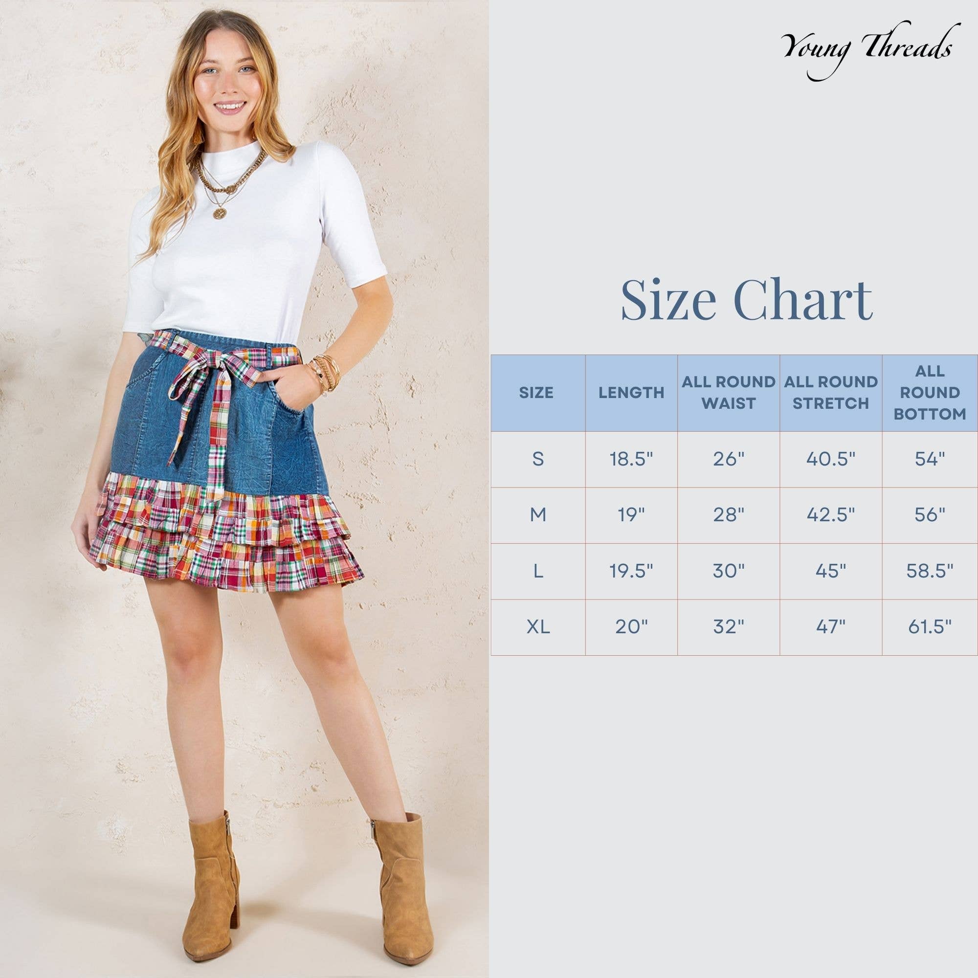 Young Threads - Wholesale Skirt - Women's - Playful Denim Mini Skirt with Plaid Patch Details13