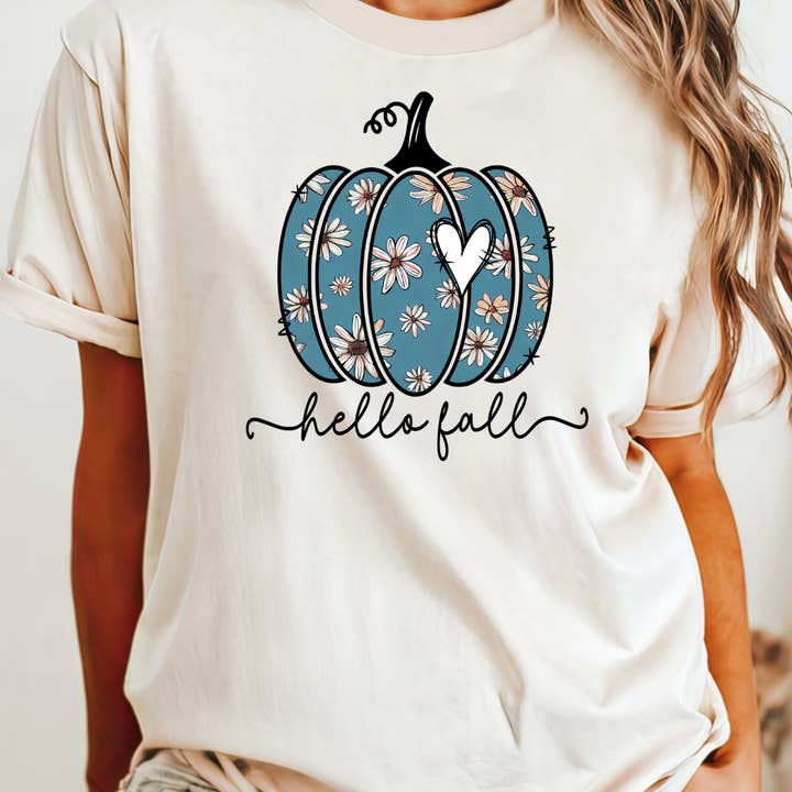 Hello Fall Flower Pumpkin Boho Tee for wholesale by Kiki's Boutique