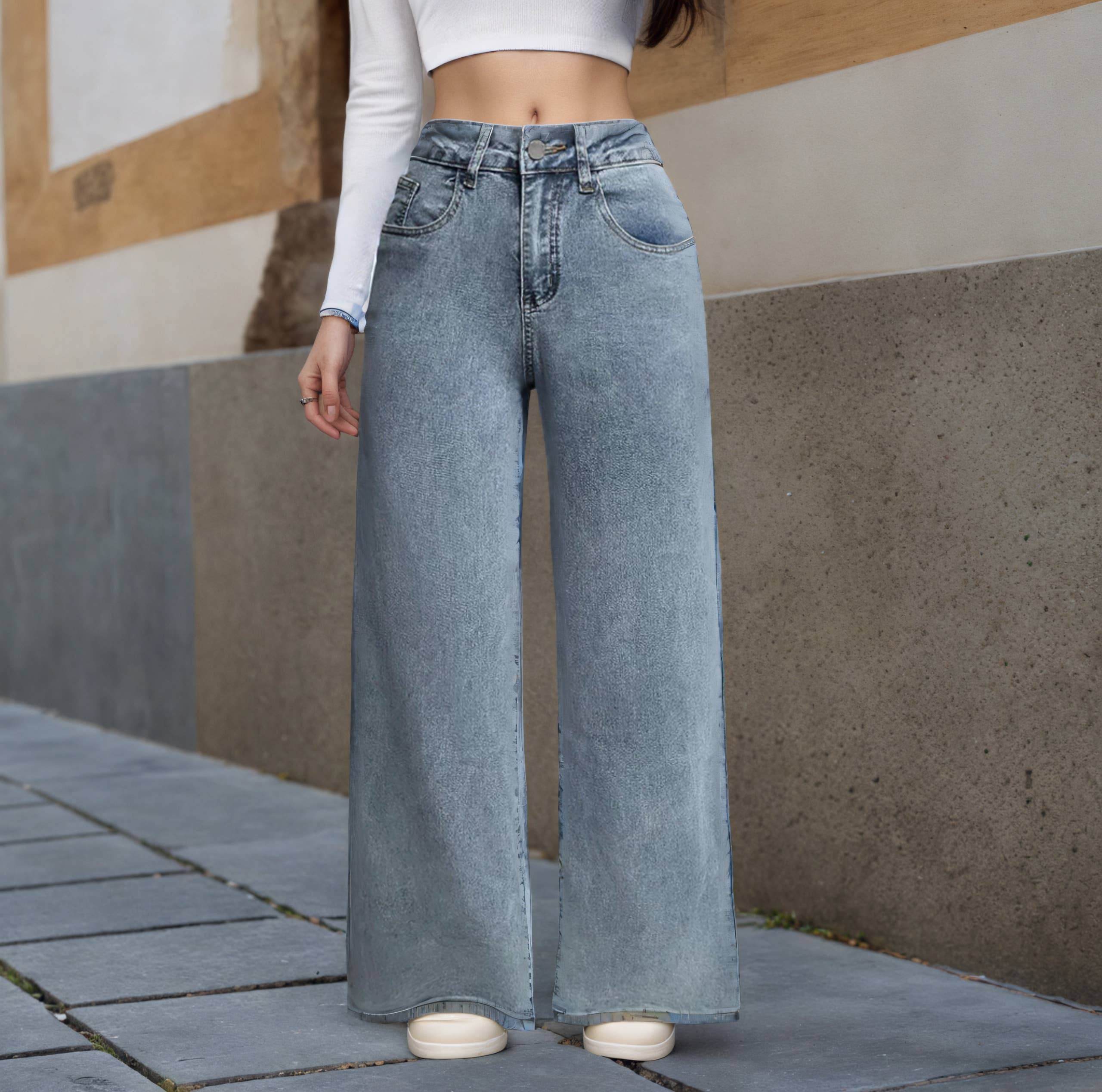 Blue Women High-Waisted Wide-Leg Jeans with Pink Bow Embroidery for wholesale on Faire1