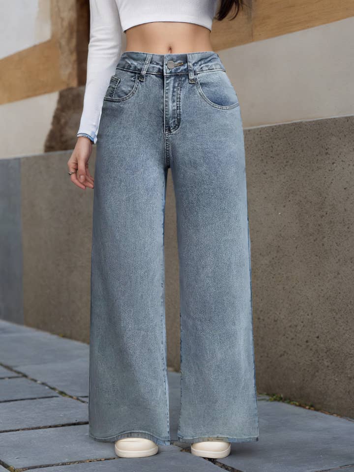 Blue Women High-Waisted Wide-Leg Jeans with Pink Bow Embroidery for wholesale on Faire1