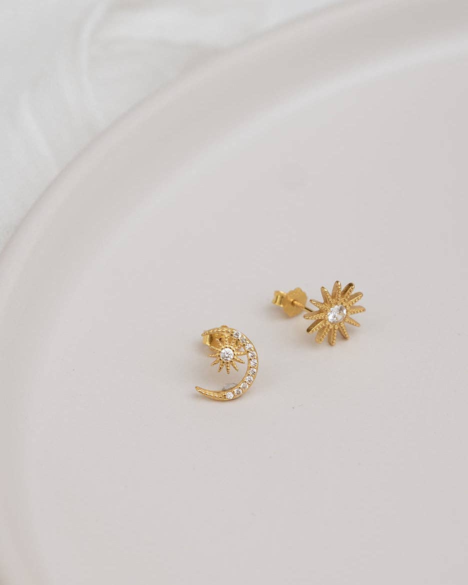 Bowie & Co - Wholesale Stud/post earrings - Soleil CZ Gold Sun & Moon Stud Earrings
