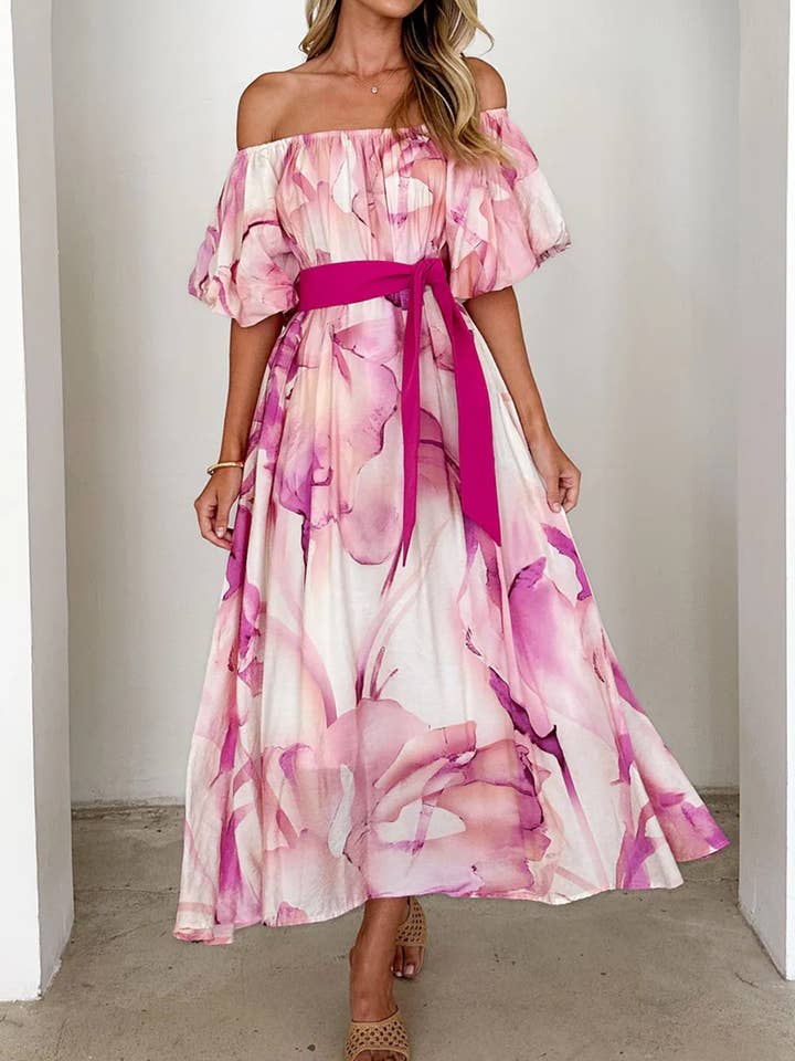 Elegant One Shoulder Bubble Sleeve Printed Dress for wholesale by Wholesalesir