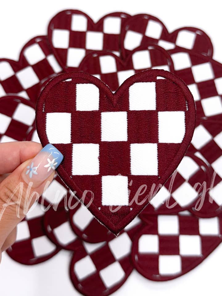 maroon checkered heart patch iron on trucker hat patches 3” for wholesale by ABLNco
