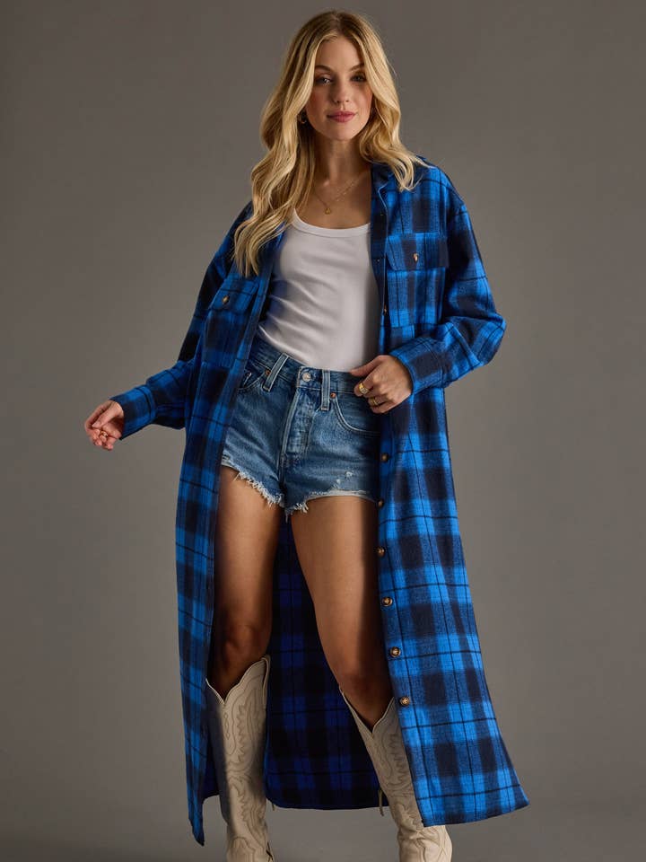 Blue & Black Plaid Long Lightweight Jacket for wholesale by Panache Apparel Co.